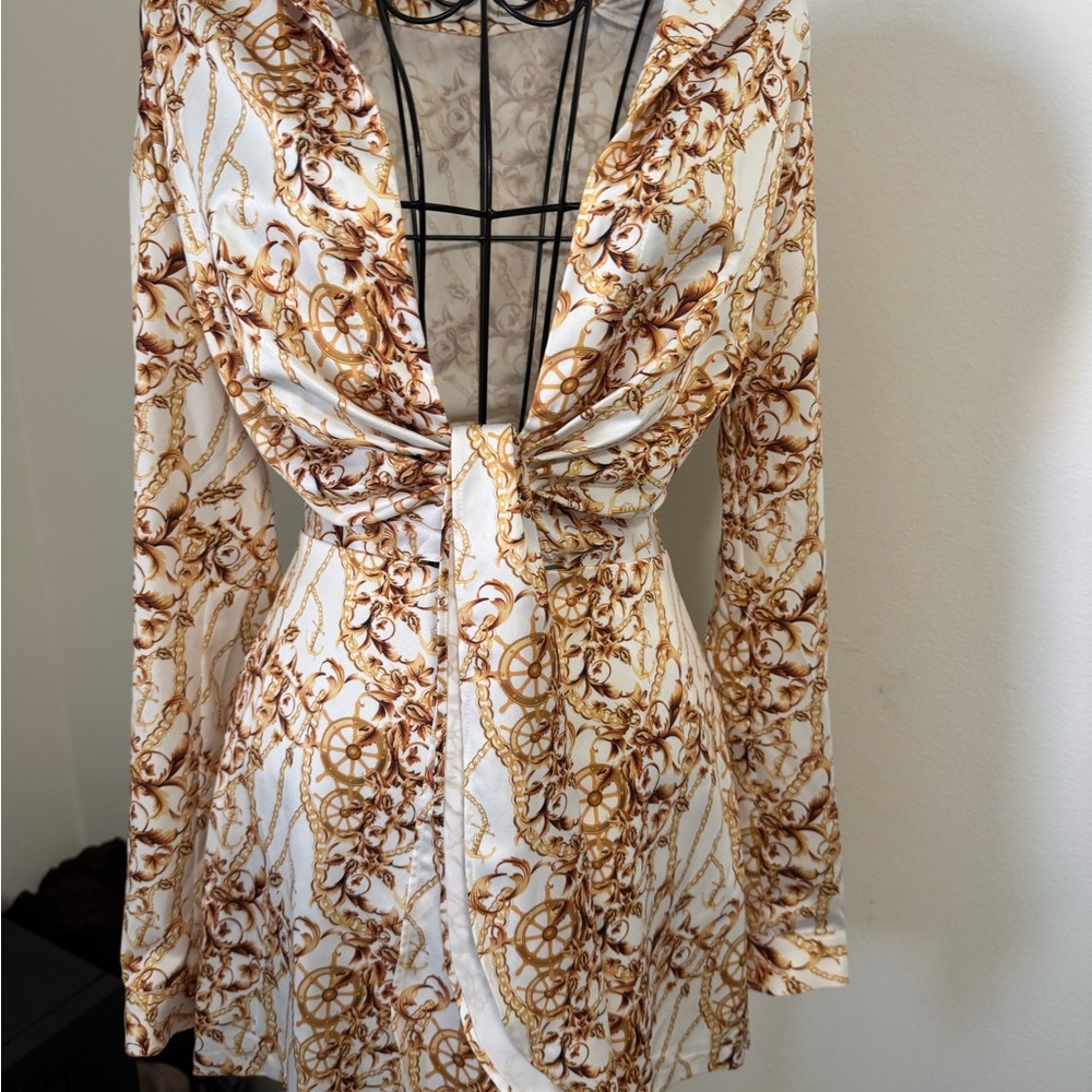 Meshki White and Brown Chain Print Jumpsuit